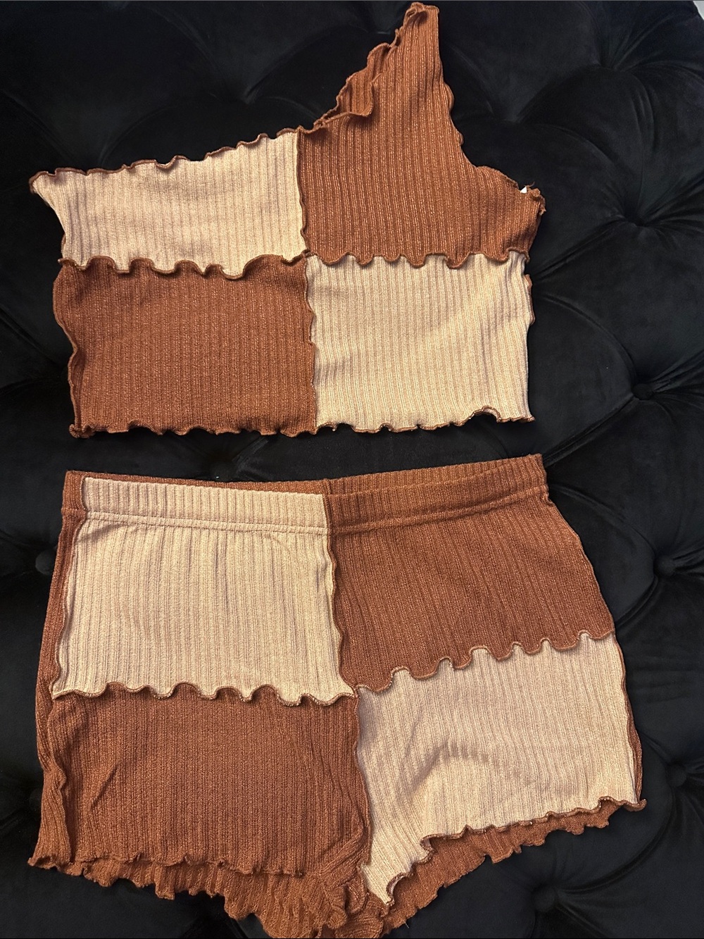 SHEIN Brown and Cream Patchwork Ribbed Two-Piece Jumpsuit Set